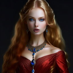 Generate an image of Francesca Findabair described as the most beautiful woman in the world with sharp elven features, pointed ears, captivating blue eyes decorated with dark kohl, and majestic long golden hair. She's dressed in an exquisite crimson dress, complimented with a red Ruby necklace, without using a blue stone in the jewellery.