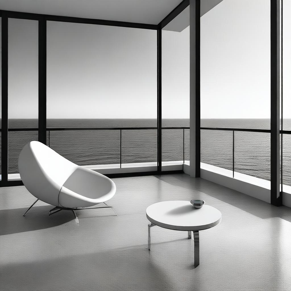 A high-quality, aesthetically abstract black and white digital art showcasing a furnished modern room with a balcony