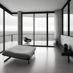 A high-quality, aesthetically abstract black and white digital art showcasing a furnished modern room with a balcony