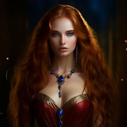 Generate an image of Francesca Findabair described as the most beautiful woman in the world with sharp elven features, pointed ears, captivating blue eyes decorated with dark kohl, and majestic long golden hair. She's dressed in an exquisite crimson dress, complimented with a red Ruby necklace, without using a blue stone in the jewellery.