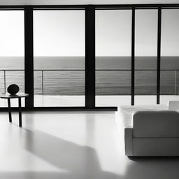 A high-quality, aesthetically abstract black and white digital art showcasing a furnished modern room with a balcony