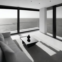 A high-quality, aesthetically abstract black and white digital art showcasing a furnished modern room with a balcony