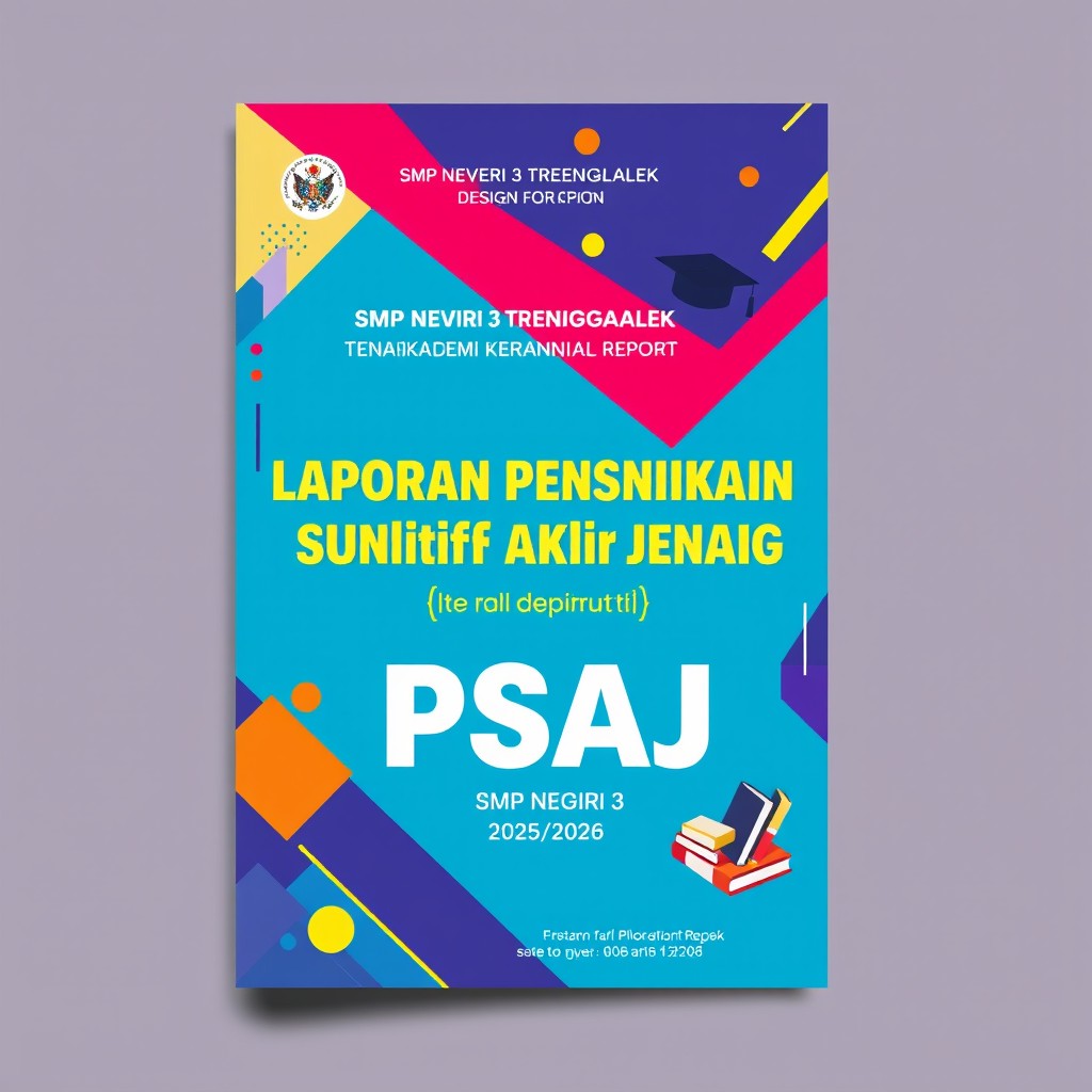 A modern A4 portrait book cover design for a report titled 'Laporan Penilaian Sumatif Akhir Jenjang (PSAJ)' for SMP Negeri 3 Trenggalek for the academic year 2025/2026