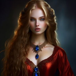 Generate an image of Francesca Findabair described as the most beautiful woman in the world with sharp elven features, pointed ears, captivating blue eyes decorated with dark kohl, and majestic long golden hair. She's dressed in an exquisite crimson dress, complimented with a red Ruby necklace, without using a blue stone in the jewellery.