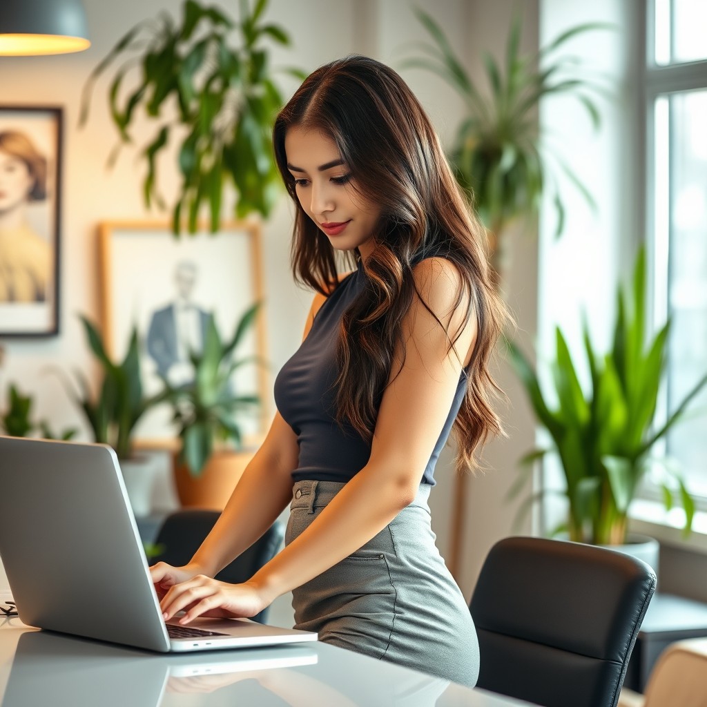 A stunning young woman in a stylish and form-fitting mini skirt, actively engaged in her work