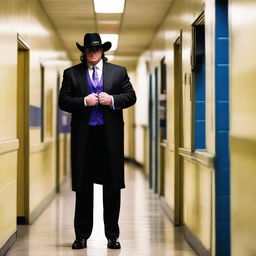 WWE Superstar The Undertaker in a principal's suit standing authoritatively in the hallway of a bustling school.