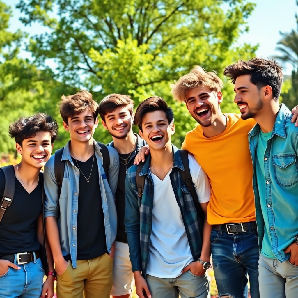A group of cute guys smiling and laughing together in a vibrant park setting, wearing stylish casual clothing