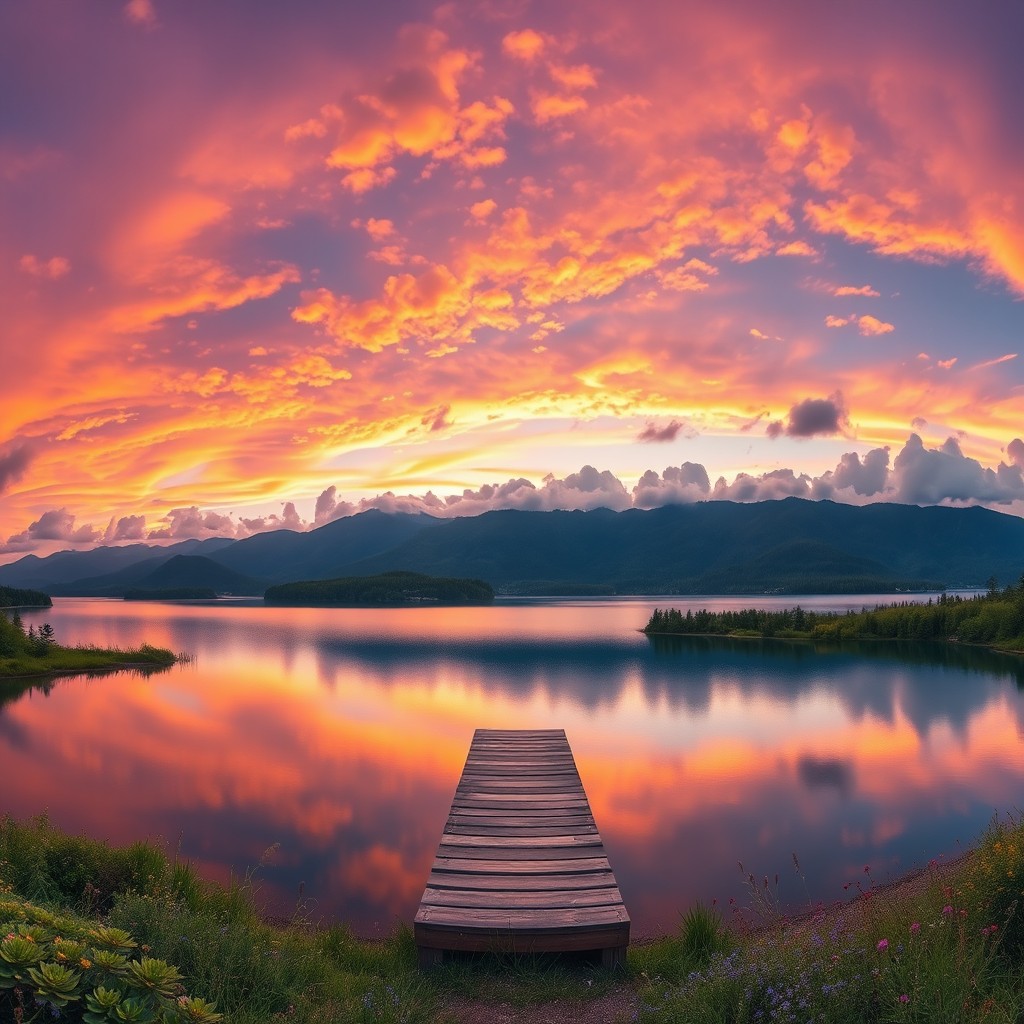 A stunning panoramic view of a vibrant sunset over a serene mountain range, with fluffy clouds scattered across the sky reflecting shades of orange, pink, and purple