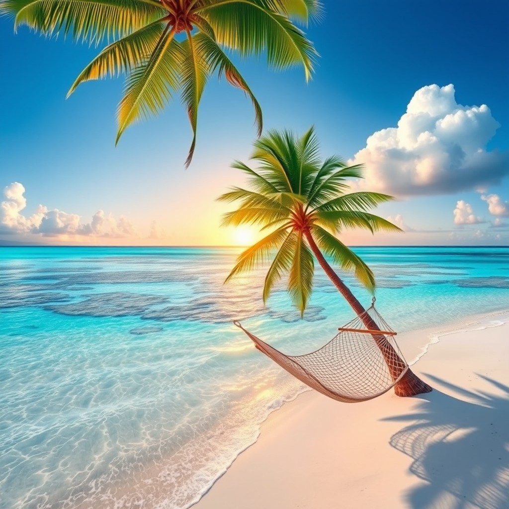 A breathtaking tropical paradise featuring a secluded white sandy beach with crystal clear turquoise waters gently lapping at the shore