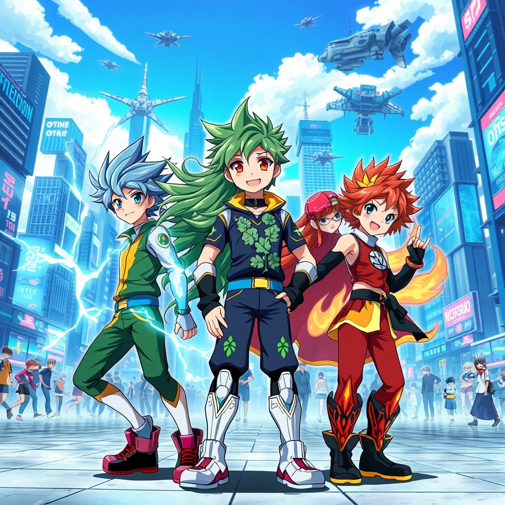 A vibrant anime scene featuring a group of young heroes gathered in a futuristic city, each character showcasing unique abilities and colorful outfits
