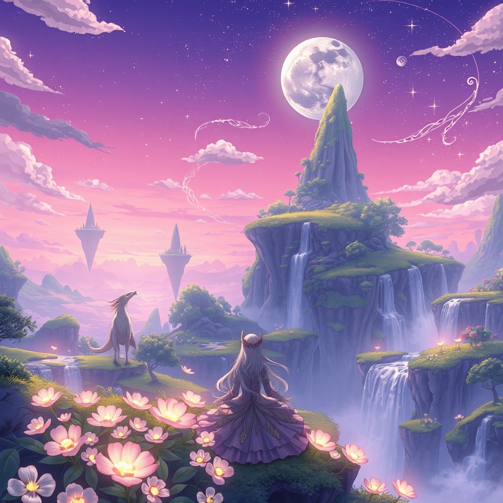 An imaginative anime-inspired artwork showcasing a mystical landscape filled with floating islands, lush greenery, and cascading waterfalls