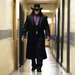 WWE Superstar The Undertaker in a principal's suit standing authoritatively in the hallway of a bustling school.