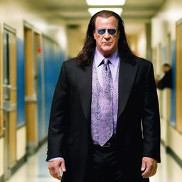 WWE Superstar The Undertaker in a principal's suit standing authoritatively in the hallway of a bustling school.