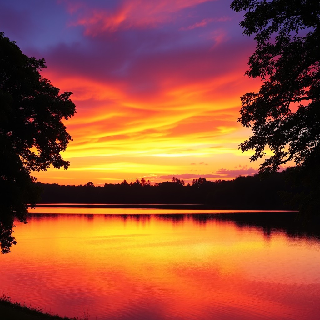 A stunning landscape featuring a vibrant sunset over a serene lake, with the silhouette of lush trees framing the scene