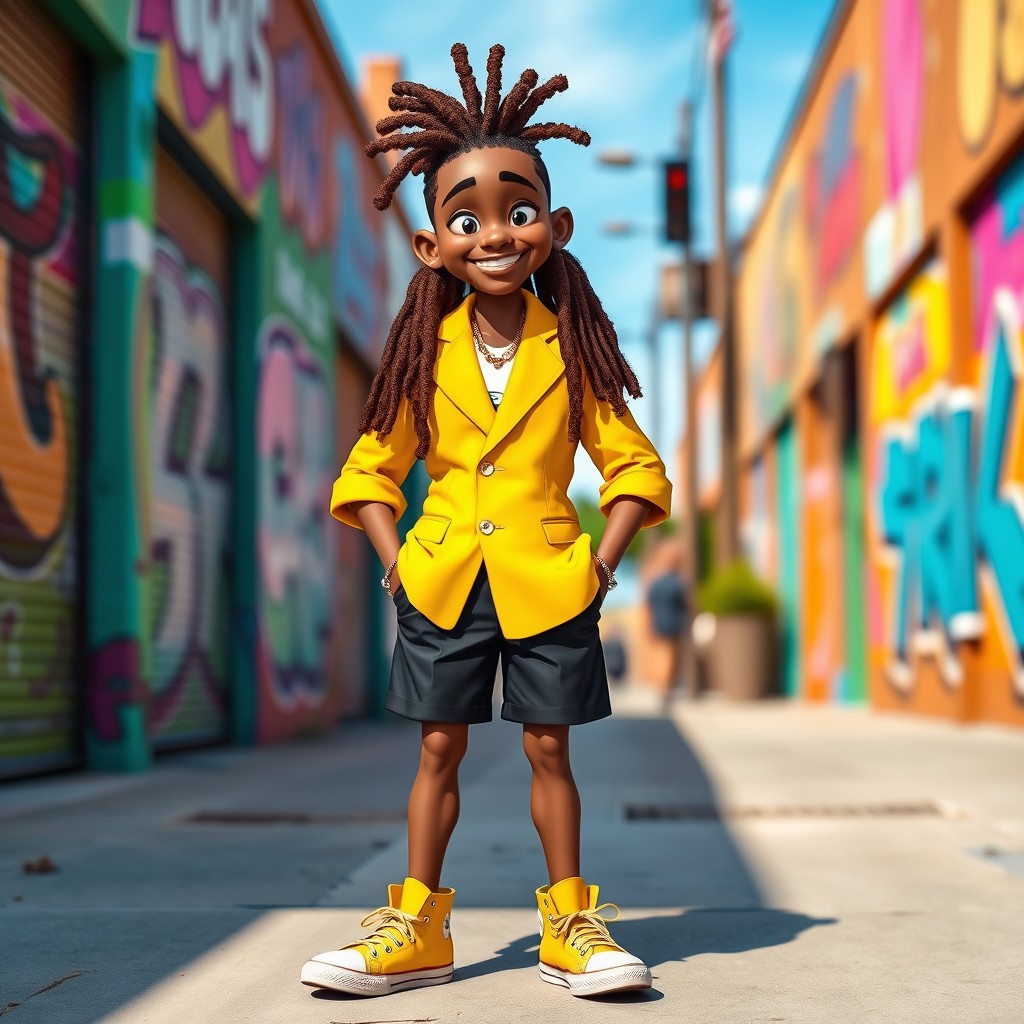 A stylish character standing confidently, showcasing brown locs beautifully styled