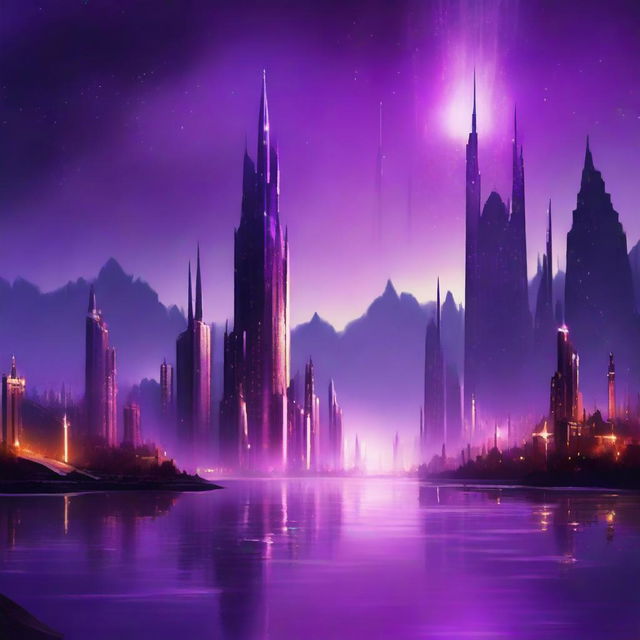 A fantasy city skyline at dusk with tall crystalline towers glowing under a purple aurora, complemented by a river flowing alongside.