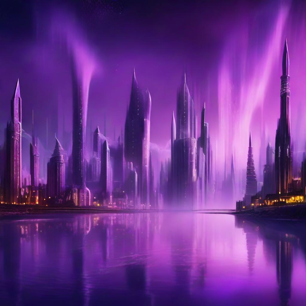 A fantasy city skyline at dusk with tall crystalline towers glowing under a purple aurora, complemented by a river flowing alongside.