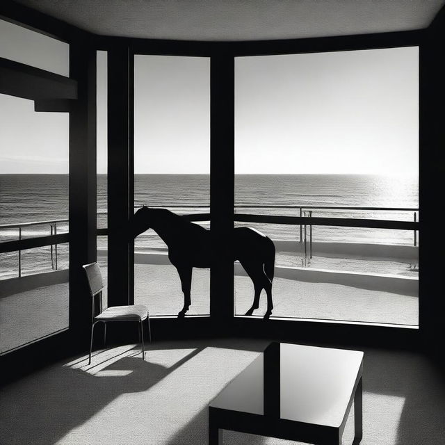 A high-quality, aesthetically abstract black and white digital art, featuring a furnished room with a balcony