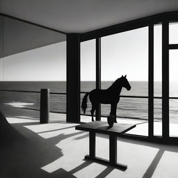 A high-quality, aesthetically abstract black and white digital art, featuring a furnished room with a balcony