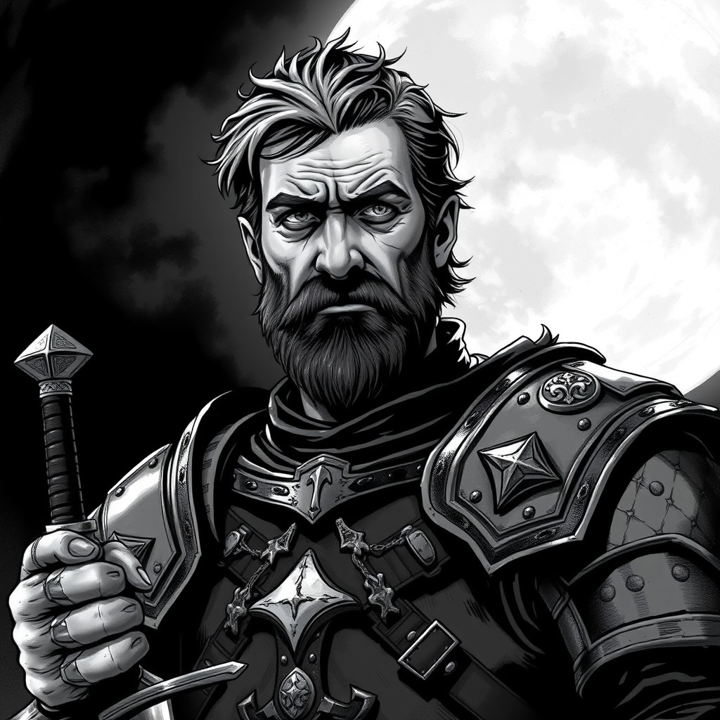 A dark and dramatic illustration of a 25-year-old medieval captain of the guard, depicting him with a grizzled expression that conveys both determination and weariness