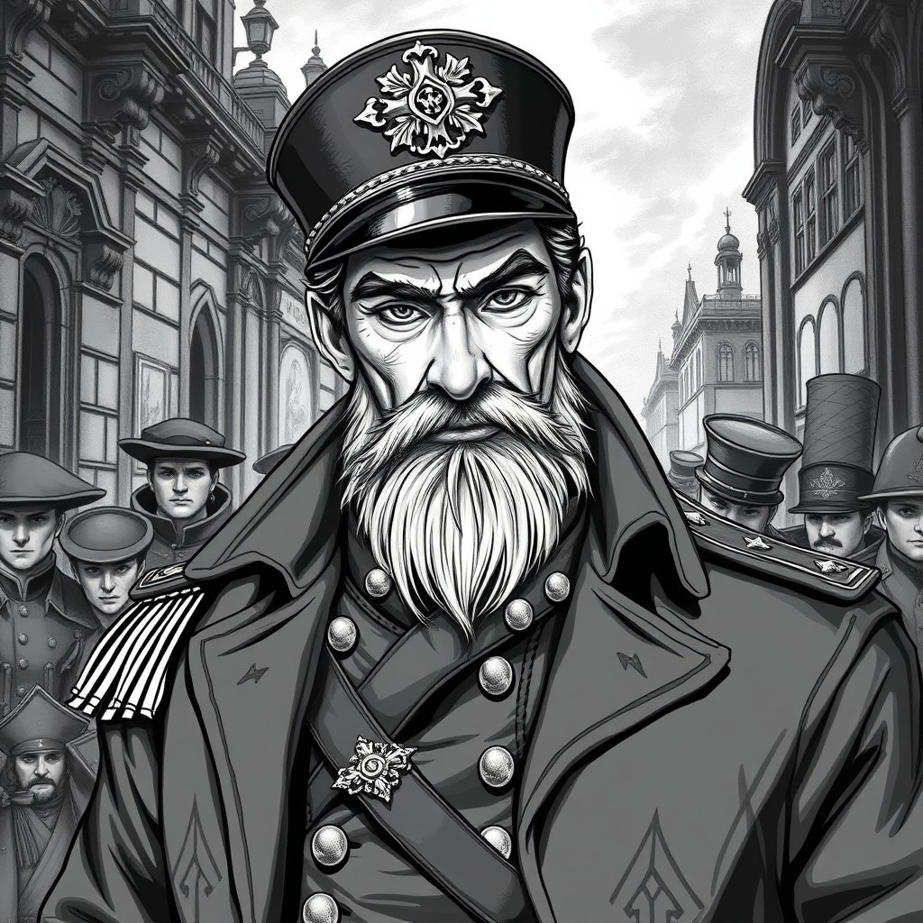 An intricately detailed DND illustration of a 35-year-old Victorian captain of the guard, showcasing a grizzled expression that reflects experience and authority