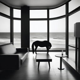 A high-quality, aesthetically abstract black and white digital art, featuring a furnished room with a balcony