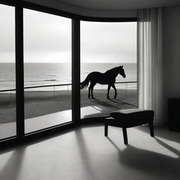 A high-quality, aesthetically abstract black and white digital art, featuring a furnished room with a balcony