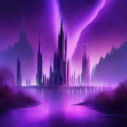 A fantasy city skyline at dusk with tall crystalline towers glowing under a purple aurora, complemented by a river flowing alongside.