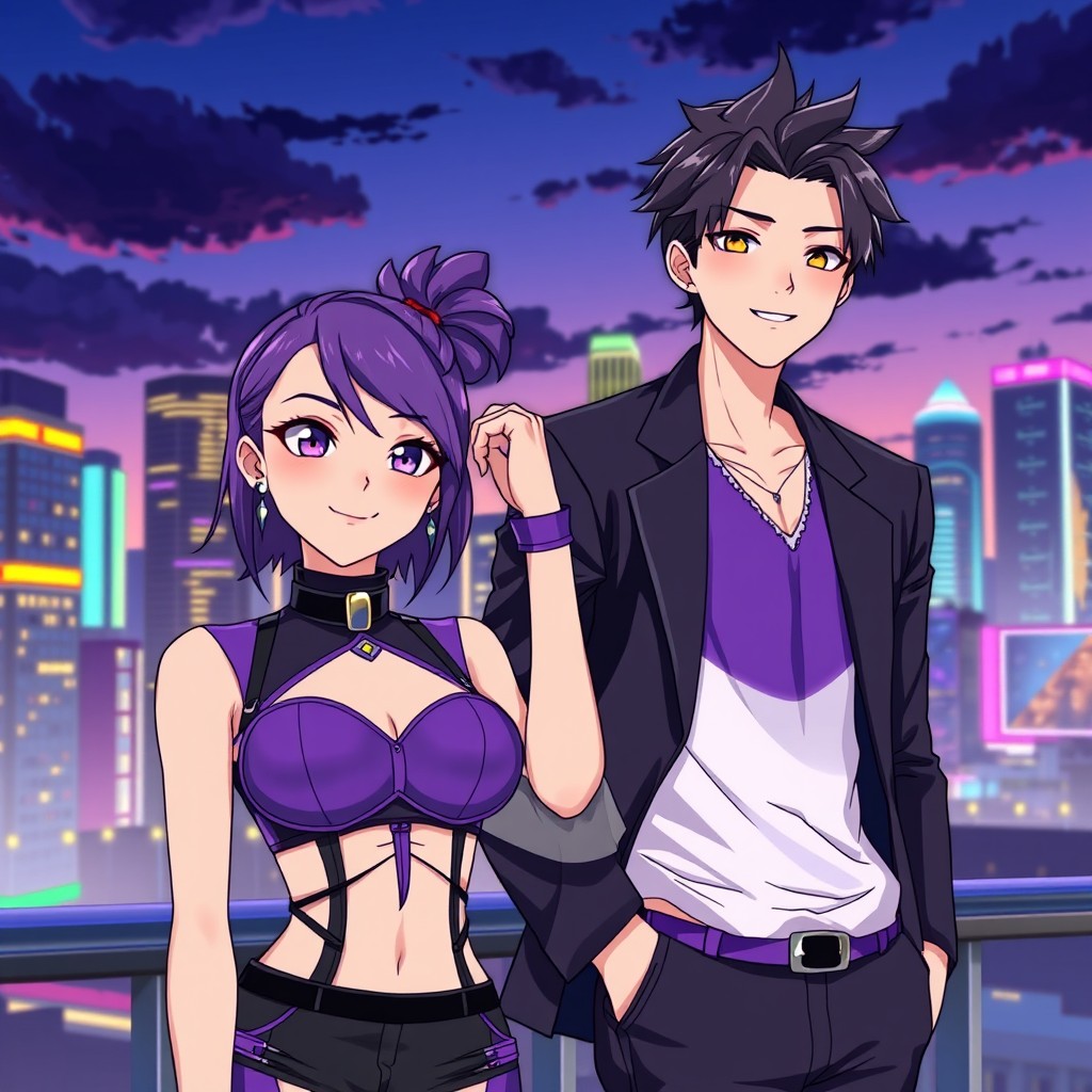 An anime couple, a person with unique features resembling the user, wearing a stylish purple outfit with modern, eye-catching details