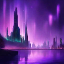 A fantasy city skyline at dusk with tall crystalline towers glowing under a purple aurora, complemented by a river flowing alongside.