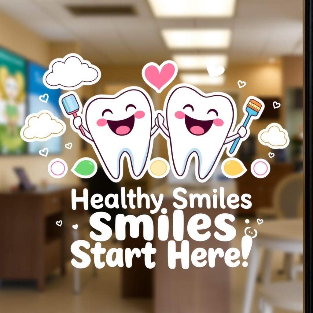 A vibrant and inviting dental office window decal design featuring playful cartoon teeth characters with big smiles, surrounded by colorful dental tools like toothbrushes and floss