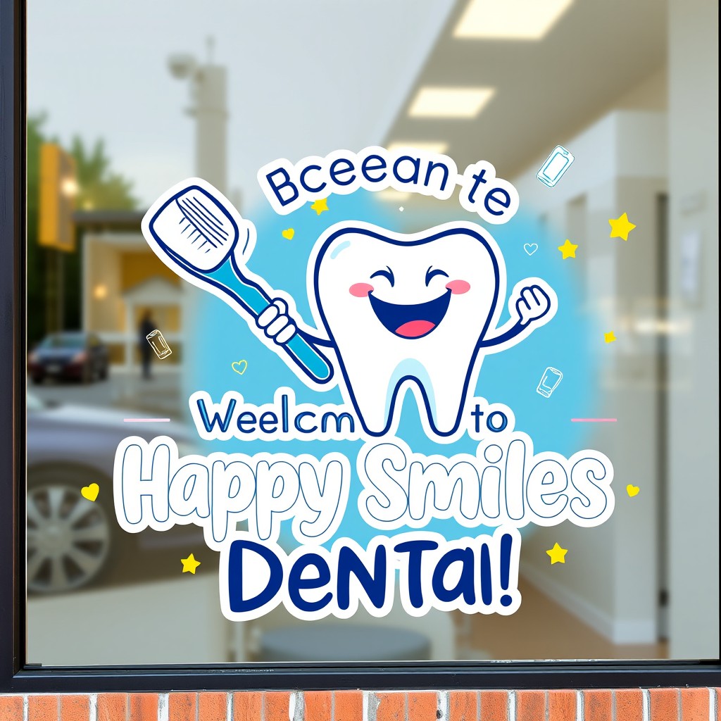A creative and eye-catching dental office window sticker design that features a friendly tooth character with a sparkling smile, holding a large toothbrush
