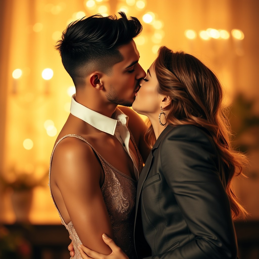 A stunning, attractive couple sharing a passionate kiss in an intimate moment