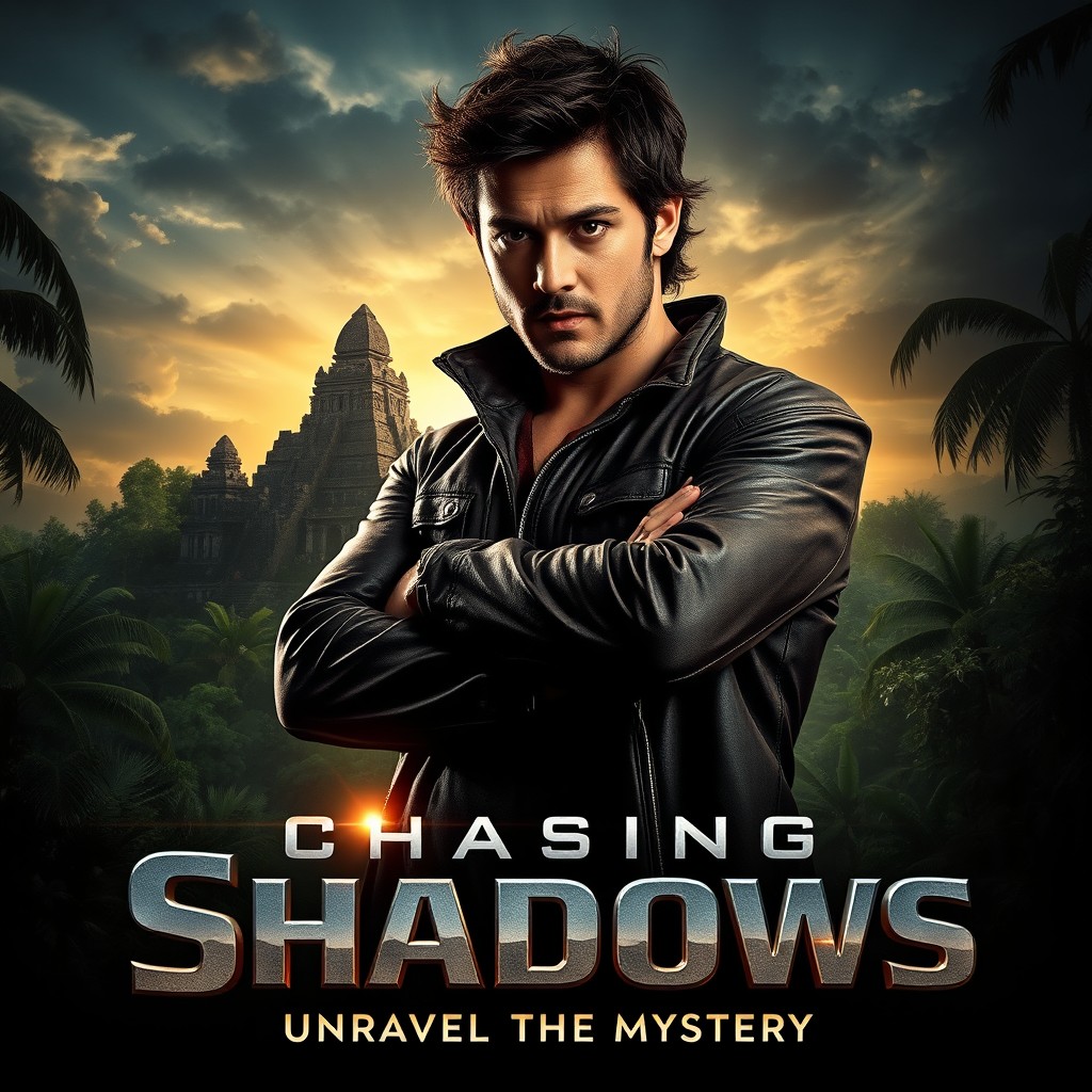 A captivating movie poster for an action-adventure film titled 'Chasing Shadows'