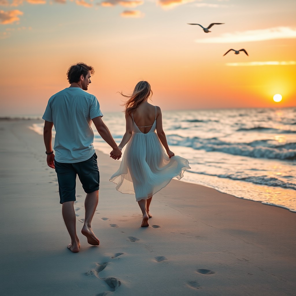 A romantic scene of a couple walking hand in hand along a serene beach at sunset