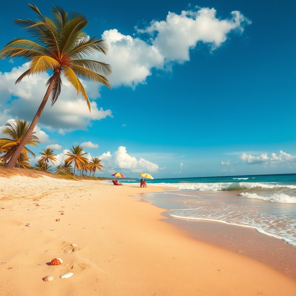 A picturesque beach scene featuring soft golden sand, gently lapping waves, and a clear blue sky dotted with fluffy white clouds