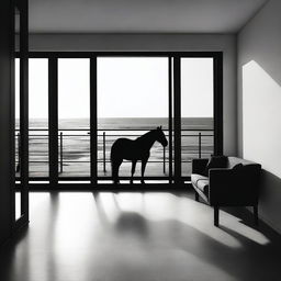 An aesthetically abstract, high-quality black and white digital art, portraying a furnished room with a balcony