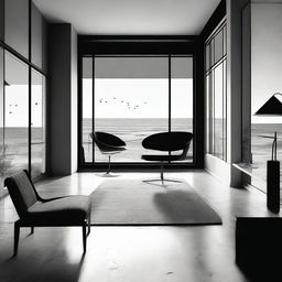 An aesthetically abstract, high-quality black and white digital art, portraying a furnished room with a balcony