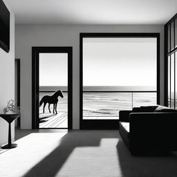 An aesthetically abstract, high-quality black and white digital art, portraying a furnished room with a balcony