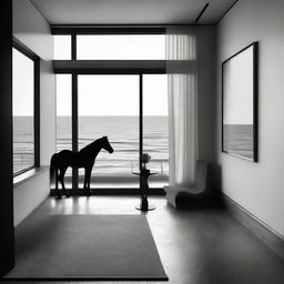 An aesthetically abstract, high-quality black and white digital art, portraying a furnished room with a balcony