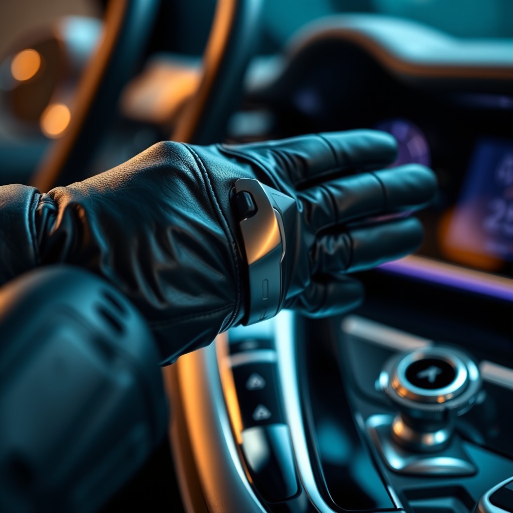 An elegant, close-up view of a black leather glove gently inserting a metallic car key into the ignition of a sleek, modern vehicle
