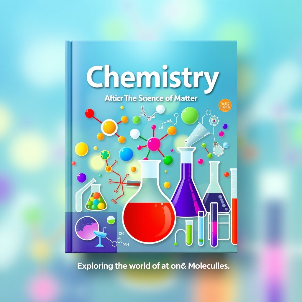 A vibrant and modern cover design for a chemistry textbook featuring a stylized representation of molecular structures intertwined with colorful chemical formulas and symbols