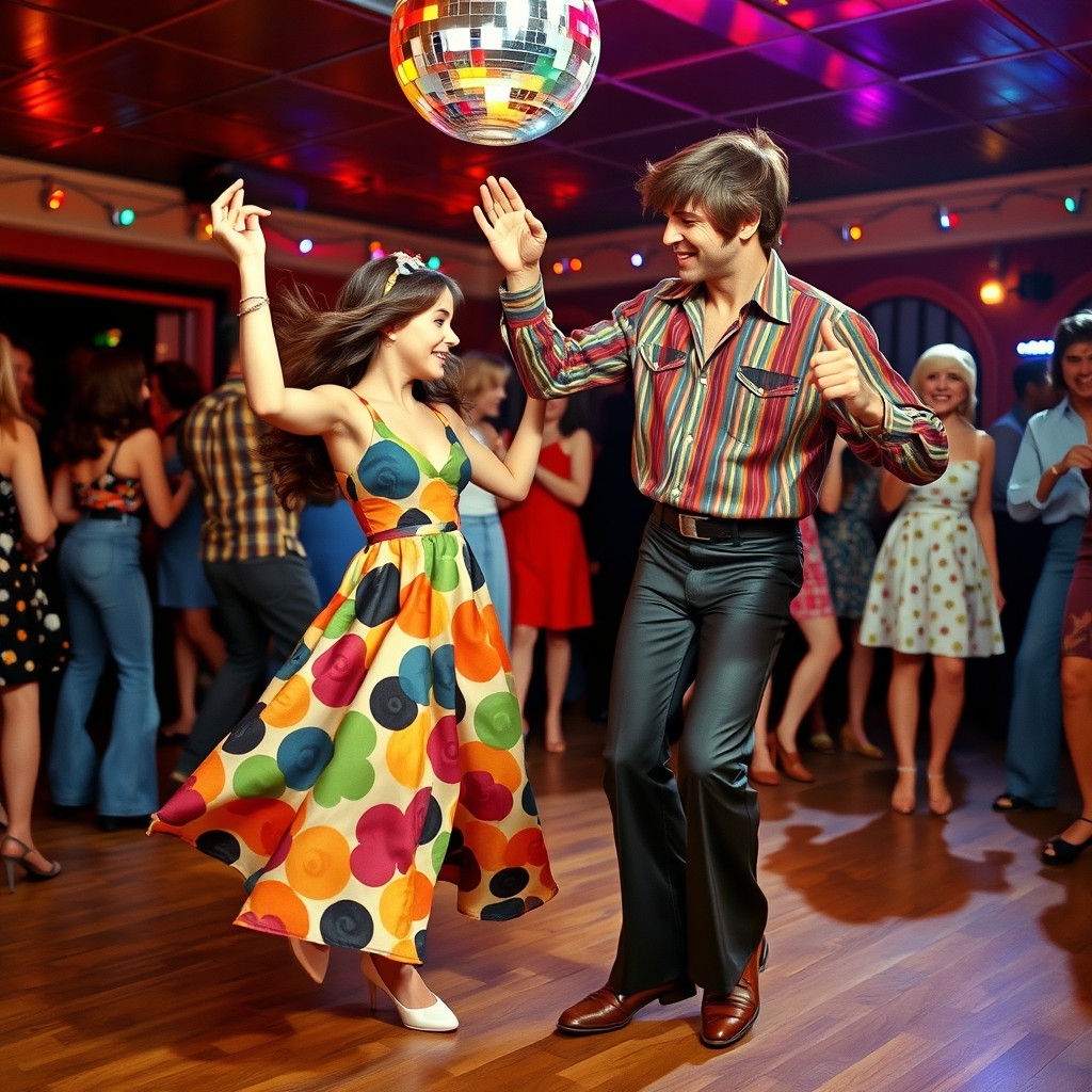 A vibrant scene capturing a girl and a man dancing energetically to the rhythm of swing music in the 1970s