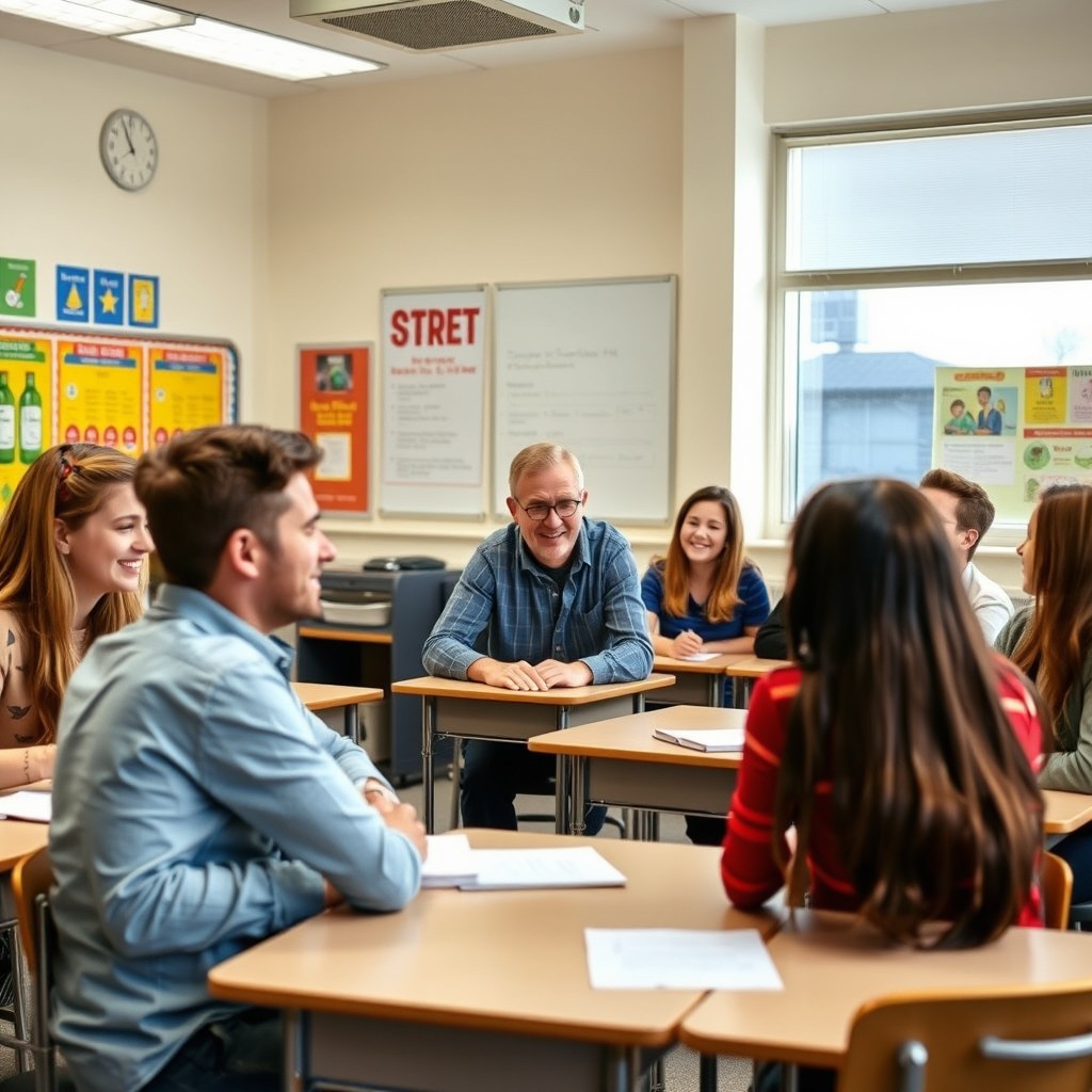 A classroom scene featuring an adult engaging in a playful spanking demonstration, with a focus on a humorous and lighthearted atmosphere