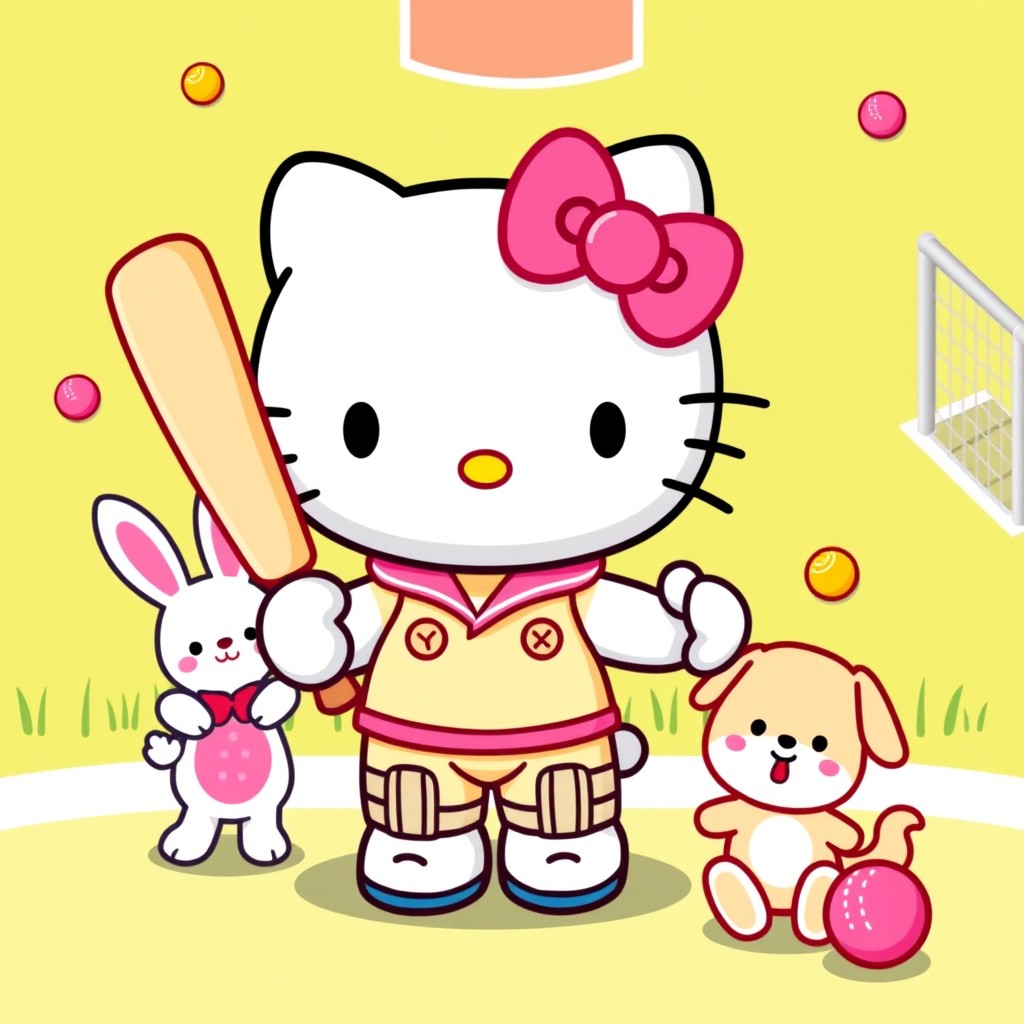 A vibrant and playful design featuring Hello Kitty in a cricket-themed setting, showcasing her wearing a cricket uniform and holding a cricket bat
