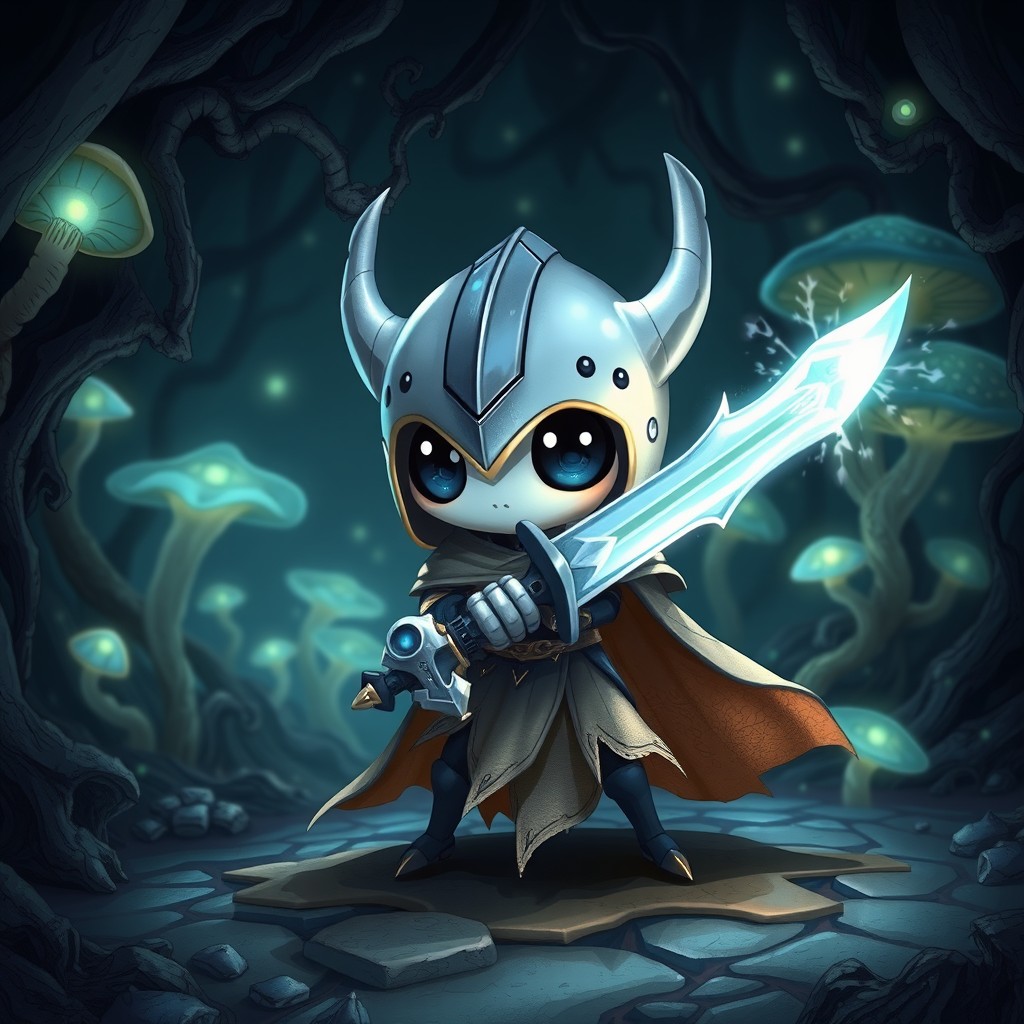 A character inspired by Hollow Knight, featuring a small, insect-like knight with a cute yet fierce demeanor