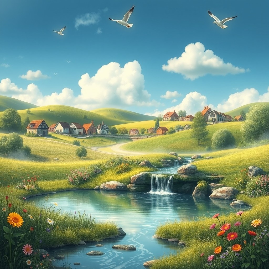 A whimsical scene depicting a tranquil pond surrounded by lush greenery, with a gentle stream flowing into a picturesque waterfall
