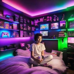 A cool teenager in a vibrant, gaming-themed bedroom, surrounded by sparkling RGB lights. The room features an anime-themed bed, a slick gaming setup, and wall shelves filled with gaming memorabilia.