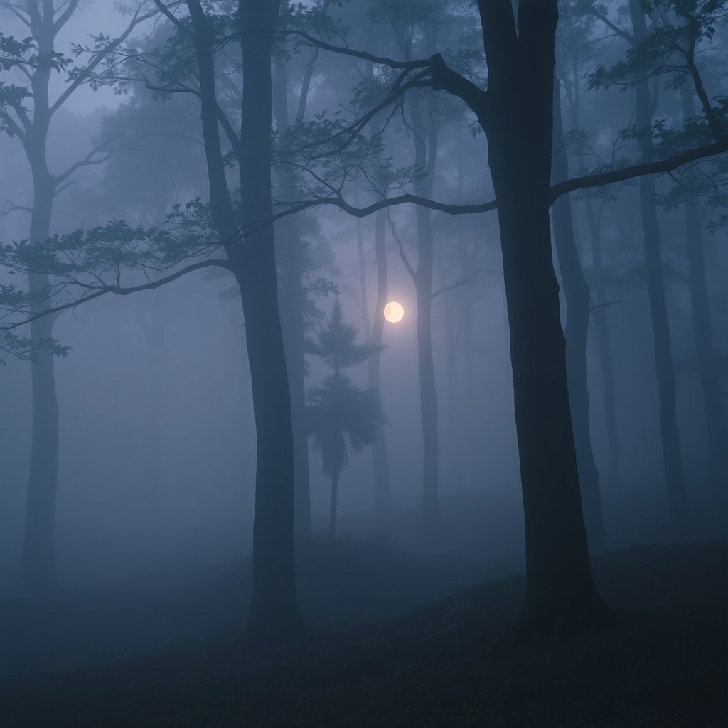A mysterious scene depicting a foggy forest at twilight, where the trees are tall and ancient, their silhouettes barely visible through the dense mist
