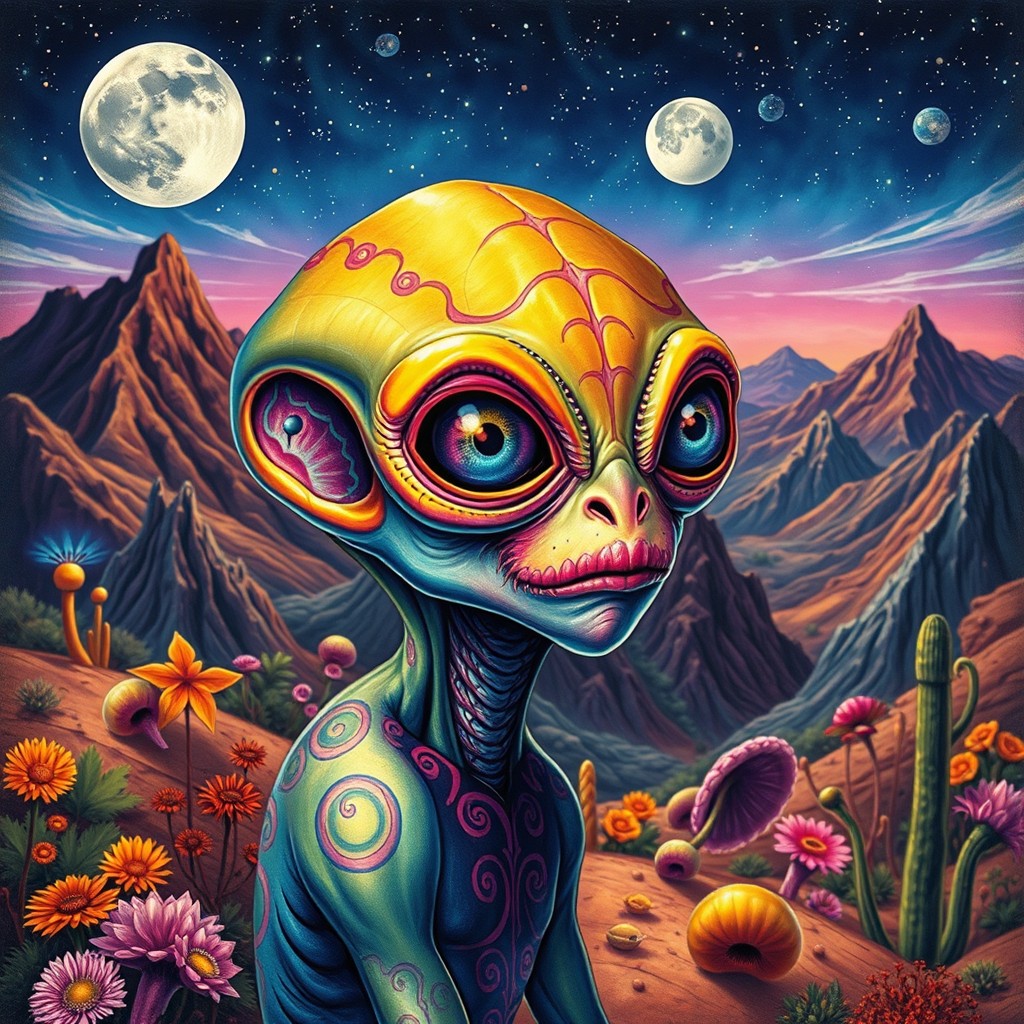 A detailed, imaginative depiction of an alien creature on a distant planet